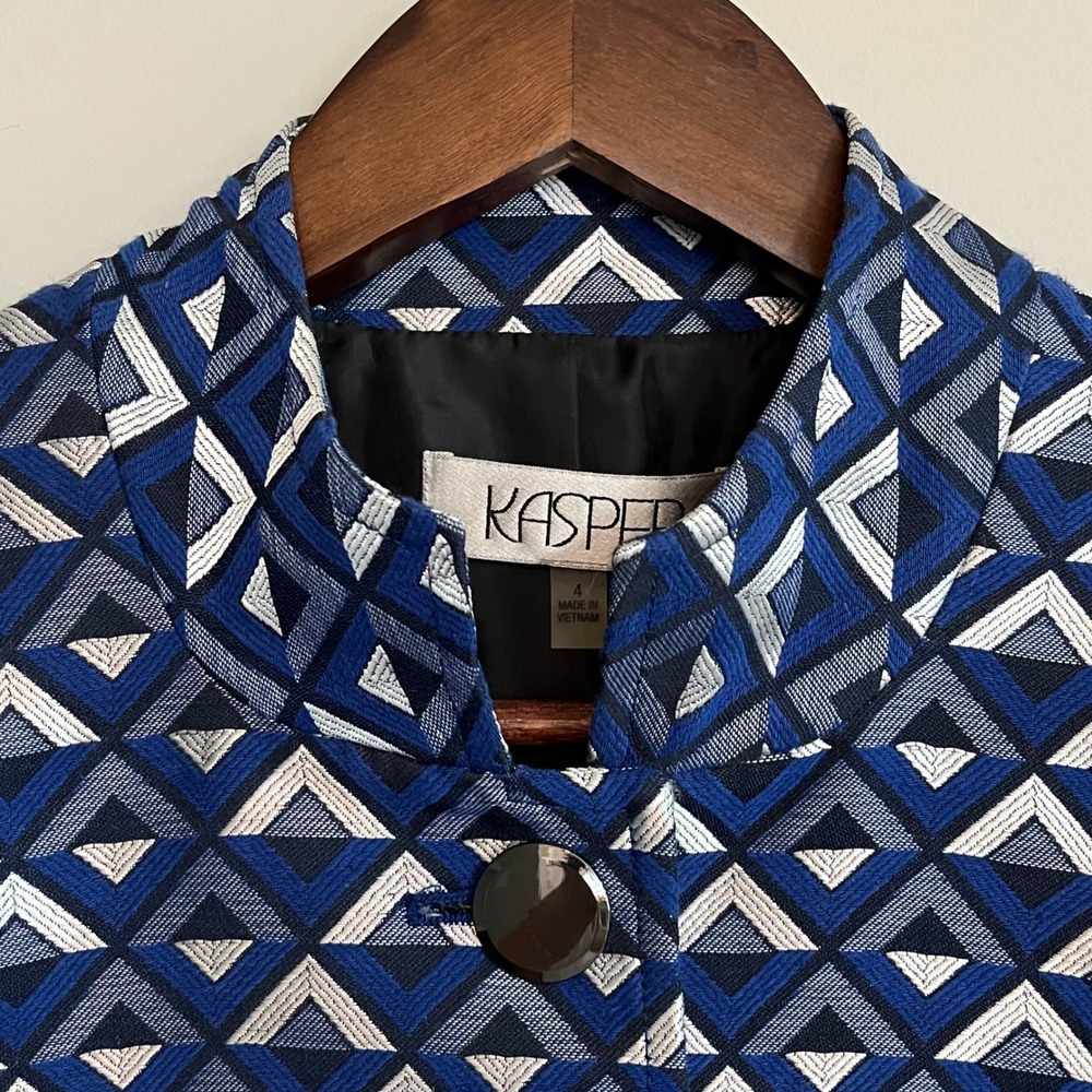 Kasper Womens Blue Geometric Triangle Jacquard Mandarin Collar Blazer Jacket 4 - Picture 2 of 10